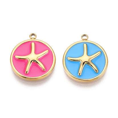 304 нержавеющей стальной эмали подвески, плоские круглые с морскими звездами, ионное покрытие (ip), реальный 18 k позолоченный