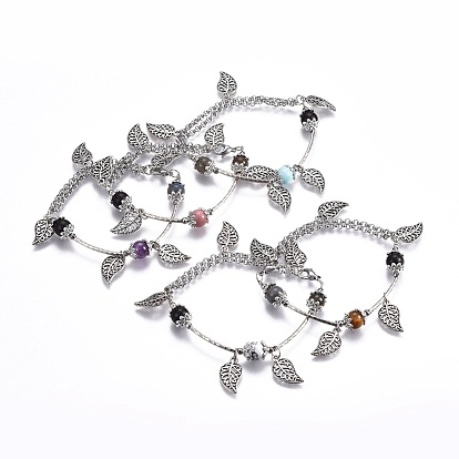 304 Stainless Steel Charm Bracelets, with Gemstone Beads, Natural Labradorite, Natural Sandalwood, Alloy Finding, Leaf