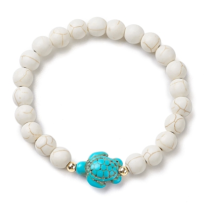 4Pcs Round Mixed Gemstone Beaded Stretch Bracelets, Summer Beach Turtle Synthetic Turquoise Bracelets for Women Men