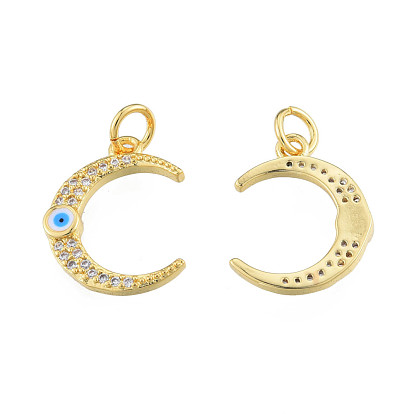 Brass Micro Pave Clear Cubic Zirconia Pendants, with Enamel, Nickel Free, Moon with Evil Eye