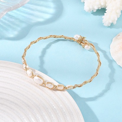 Natural Cultured Freshwater Pearl Rice Graduated Beaded Wire Wrapped Brass Cuff Bangles for Women, White