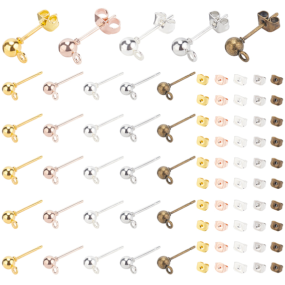 400Pcs 10 Style Iron Ball Stud Earring Findings, with Loop, Nickel Free