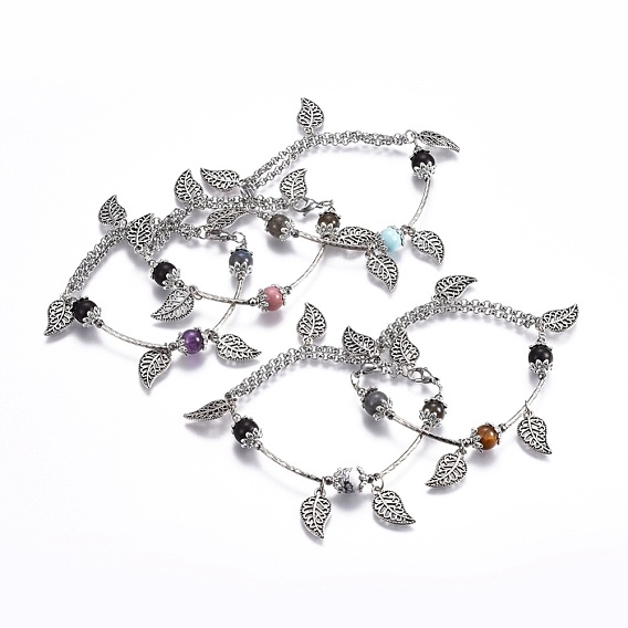 304 Stainless Steel Charm Bracelets, with Gemstone Beads, Natural Labradorite, Natural Sandalwood, Alloy Finding, Leaf