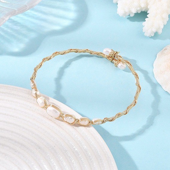Natural Cultured Freshwater Pearl Rice Graduated Beaded Wire Wrapped Brass Cuff Bangles for Women, White