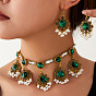 Ретро-серьги-подвески из сплава с цветочным узором, стразами и искусственным жемчугом, а также колье с подвесками для женщин.