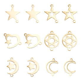 Unicraftale 12Pcs 6 Style 304 Stainless Steel Links Connectors, Laser Cut, Moon & Star & Heart & Flat Round
