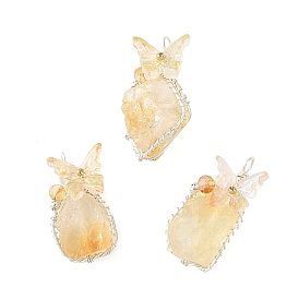 Colgantes de citrino natural calentado envueltos en alambre de cobre, dijes de pepitas con mariposa de cristal