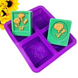 4 Cavities Food Grade Silicone Molds, for Handmade Soap Making, Rectangle with Carnation, Mother's Day Theme