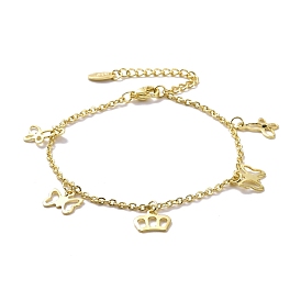 201 Stainless Steel Butterfly & Crown Charms Bracelet with 304 Stainless Steel Chains for Women