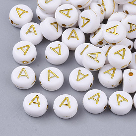 Plating Acrylic Beads, Golden Metal Enlaced, Horizontal Hole, Flat Round with Alphabet, White