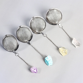 Round Stainless Steel Mesh Tea Infuser, Tea Ball Strainer Infusers with Long Chain & Natural Gemstone Pendant