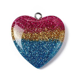 Rainbow Color Transparent Resin Pendants, Glitter Powder Heart Charms, with Platinum Tone Iron Loops
