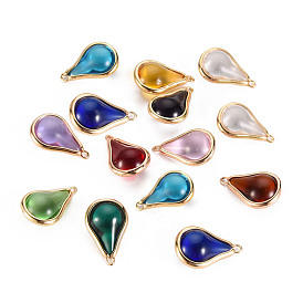 Transparent Glass Pendants, with Brass Findings, Teardrop, Light Gold