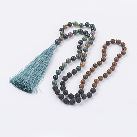 Nylon Tassel Pendant Necklaces, with Natural Gemstone Beads, and Wood Beads, with Burlap Paking Pouches Drawstring Bags