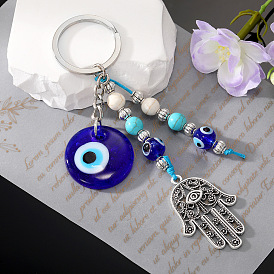 Glass Blue Eye Keychain with Tribal Vintage Bead Pendant for Fatima Hand - Demon's Gaze Design