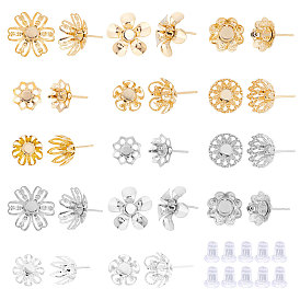 28Pcs Flower 304 Stainless Steel Stud Earring Findings, with 28Pcs Silicone Ear Nuts/Earring Backs