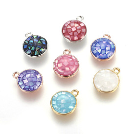 Brass Enamel Charms, with Freshwater Shell, Flat Round