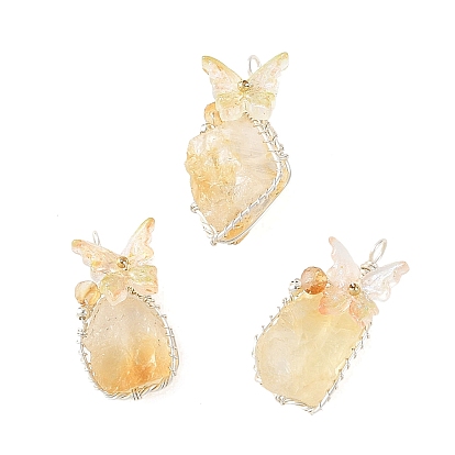 Colgantes de citrino natural calentado envueltos en alambre de cobre, dijes de pepitas con mariposa de cristal