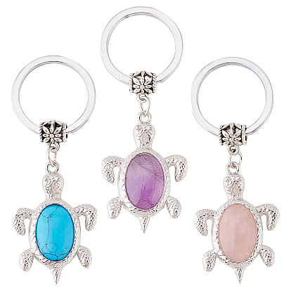 3Pcs 3 Style Natural & Synthetic Stone Keychain, with Platinum Plated Alloy Findings and Key Rings, Sea Turtle