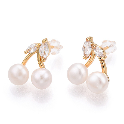 Natural Pearl Stud Earrings with Cubic Zirconia, Brass Cherry
 Earrings with 925 Sterling Silver Pins, Cadmium Free & Nickel Free & Lead Free