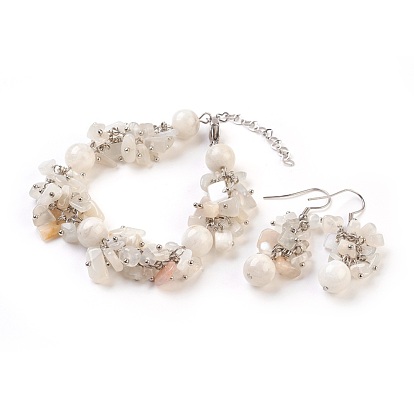 Natural White Moonstone Dangle Earrings and Bracelets Sets, with Metal Findings, Chip