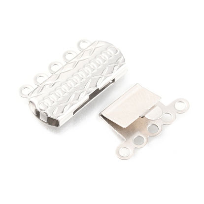 304 Stainless Steel Box Clasps, Multi-Strand Clasps, 5-Strands, 10-Holes, Rectangle with Flower