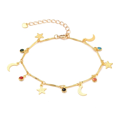 Brass Enamel Charm Bracelets, with Bar Link Chains and Lobster Claw Clasps, Star & Moon & Flower, Golden