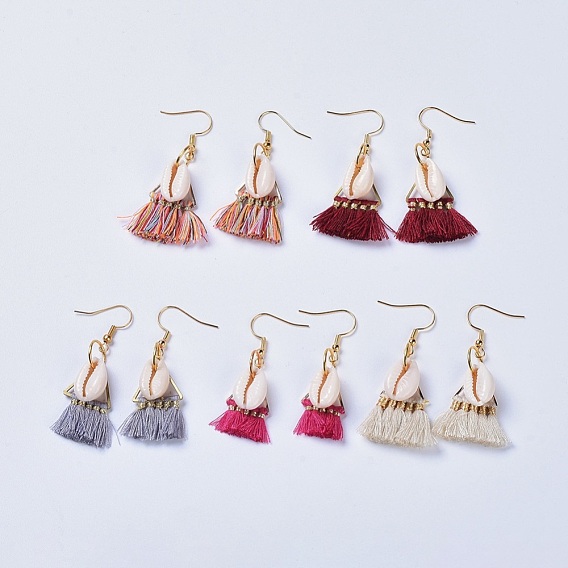 Polyester Cotton Tassel Dangle Earrings, with 304 Stainless Steel Earring Hooks and Cowrie Shell Beads, Golden