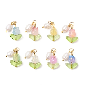 Изделия ручной работы из стекла, украшенные натуральным культивированным пресноводным жемчугом и акриловыми подвесками., , с железными контактами