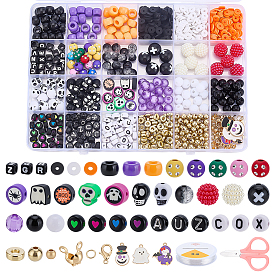 Наборы для самостоятельного изготовления браслетов на тему Хэллоуина, включая ножницы, эластичный шнур, полимерная глина и акриловые бусины, Кольца прыжок, застежка когтя омара