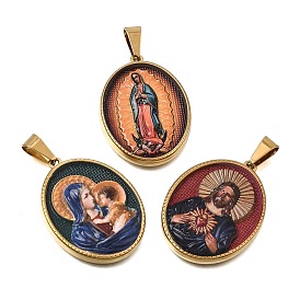 Printed Religion 304 Stainless Steel Pendants, with 201 Stainless Steel Snap On Bails, Oval Charms, Colorful