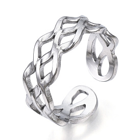 304 Stainless Steel Wave Open Cuff Ring, Hollow Ring for Women
