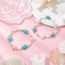 2Pcs Turtle and Starfish Synthetic Turquoise Beads & Natural Cultured Freshwater Pearl Beads Bracelets for Women