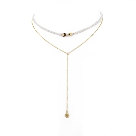 Collier double couche de charmes de lune et d'étoile en laiton, collier de chaînes de perles de pierre de lune arc-en-ciel naturel pour femme