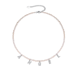 Natural Freshwater Pearl Rondelle Beaded 925 Sterling Silver Micro Pave Clear Cubic Zirconia Word Angel Pendant Necklaces for Women, Floral White