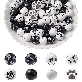 75 pcs 8 styles ensembles de perles en bois peints à la bombe, pour la fabrication de bijoux, rond et empreinte de patte de chien, blanc
