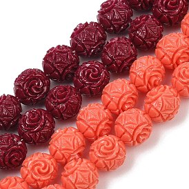 Dyed Synthetic Coral Carved Beads Strands, Floral Round Beads