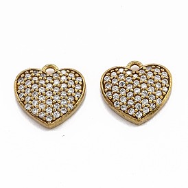 Brass Micro Pave Clear Cubic Zirconia Charms, Heart