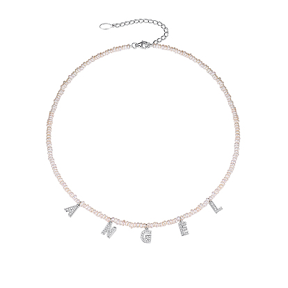 Natural Freshwater Pearl Rondelle Beaded 925 Sterling Silver Micro Pave Clear Cubic Zirconia Word Angel Pendant Necklaces for Women, Floral White
