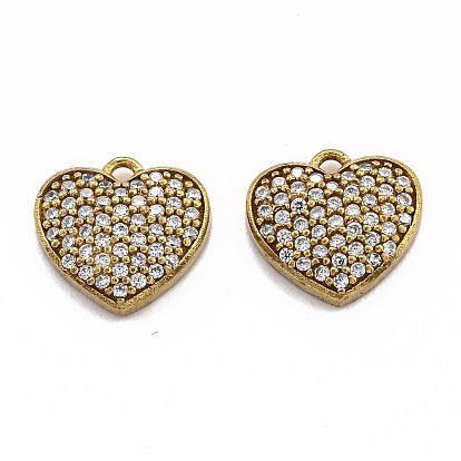 Brass Micro Pave Clear Cubic Zirconia Charms, Heart