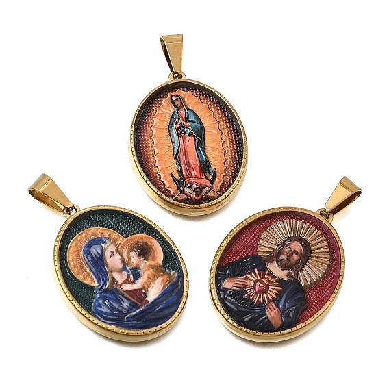 Printed Religion 304 Stainless Steel Pendants, with 201 Stainless Steel Snap On Bails, Oval Charms, Colorful