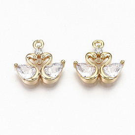 Brass Micro Pave Clear Cubic Zirconia Charms, Nickel Free, Swan Shape