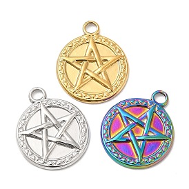 304 Stainless Steel Pendant, Flat Round with Star Charm