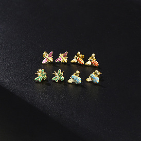 Colorful Zircon Inlaid Bee Stud Earrings for Women, Copper Plated with Real Gold