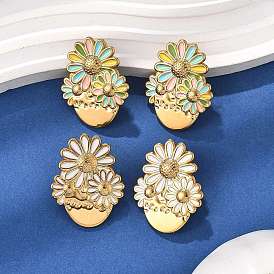 Цветок 304 из нержавеющей стали серьги стержня, с эмалью, real 18 k позолоченный