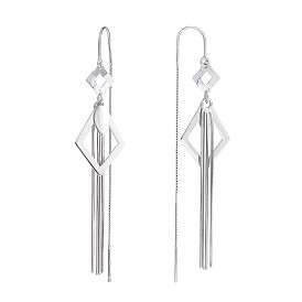 925 Sterling Silver Rhombus with Chain Tassel Dangle Earrings, Long Drop Ear Thread for Women