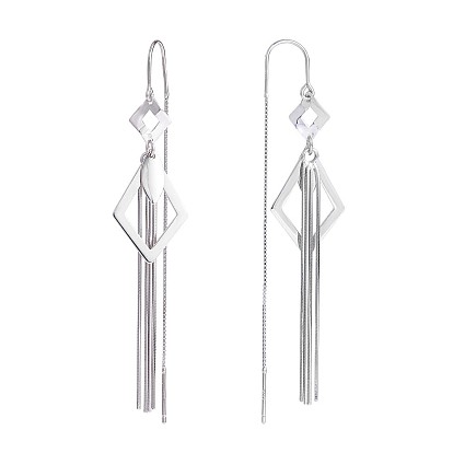 925 Sterling Silver Rhombus with Chain Tassel Dangle Earrings, Long Drop Ear Thread for Women
