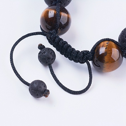 Adjustable Nylon Cord Braided Bead Bracelets, with Lava Rock & Tiger Eye Beads