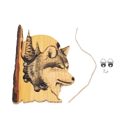 3 artesanía de tallado de animales lobo d, con cuerdas de cáñamo, tornillos de hierro y anillos colgantes, adorno de regalo de madera decoración para colgar en la pared del hogar