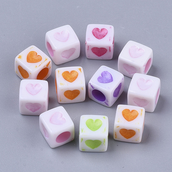 Spray Painted Acrylic Beads, Dyed, Cube with Heart